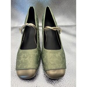 Casvian Floral Brocade Mary Jane Pumps Sage Green Sq Toe Block Heel Size 9.5